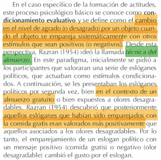 Condicionamiento evaluativo. Texto capturado del capítulo «Actitudes», de Juan Antonio Moriano León, en el libro «Psicología Social, Volumen 1» (2023), p. 114.