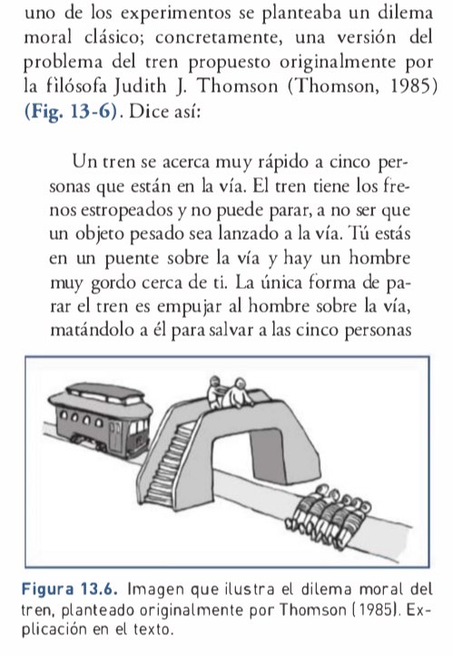 Dilema moral del tren (Thomson 1985). Captura del libro «Psicología del lenguaje», Fernando Cuetos, Javier González y Manuel de Vega (ISBN: 9788491104346), p. 341, Editorial Médica Panamericana.